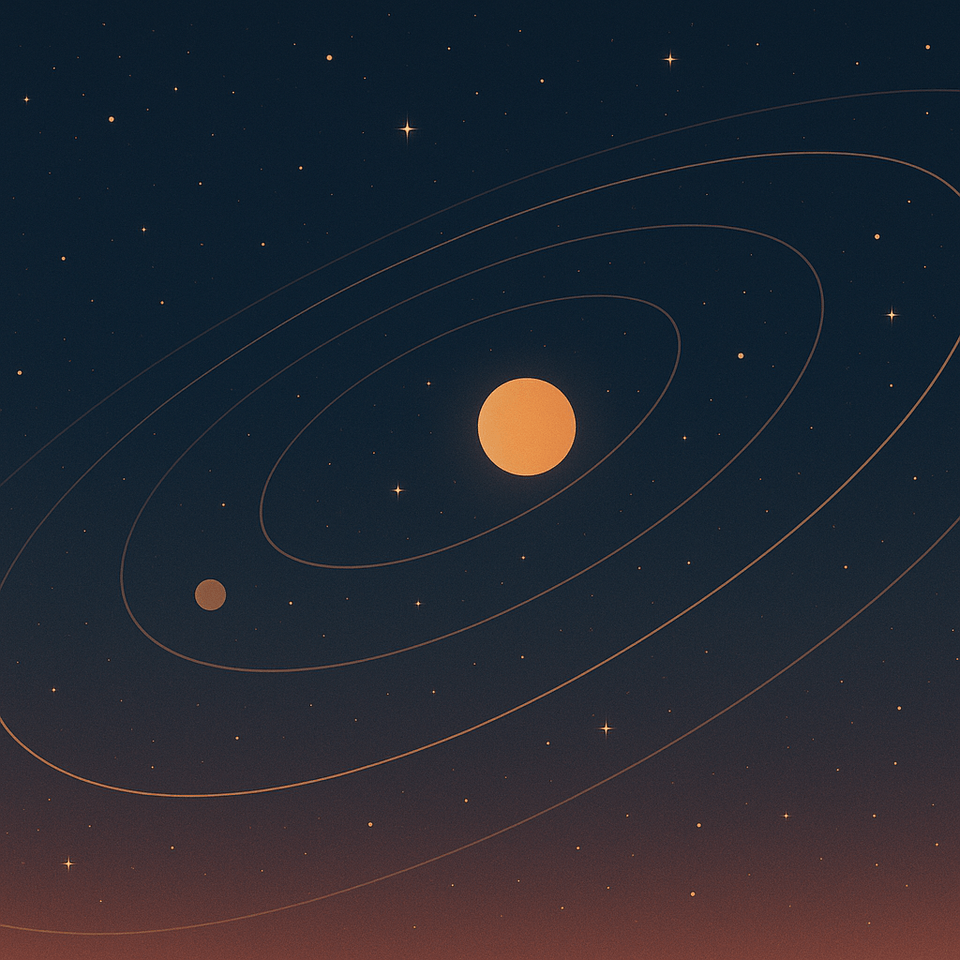Abstract, star-dotted night with faint geometric orbits—pre-scientific inquiry.